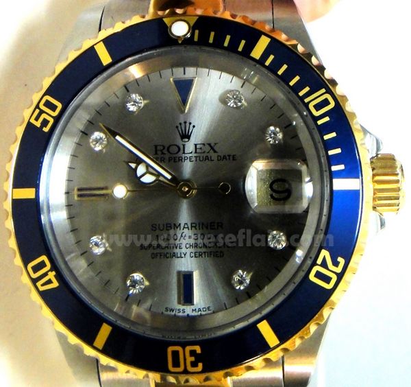 Rolex Two Tone Submariner Watch Silver Diamond Dial